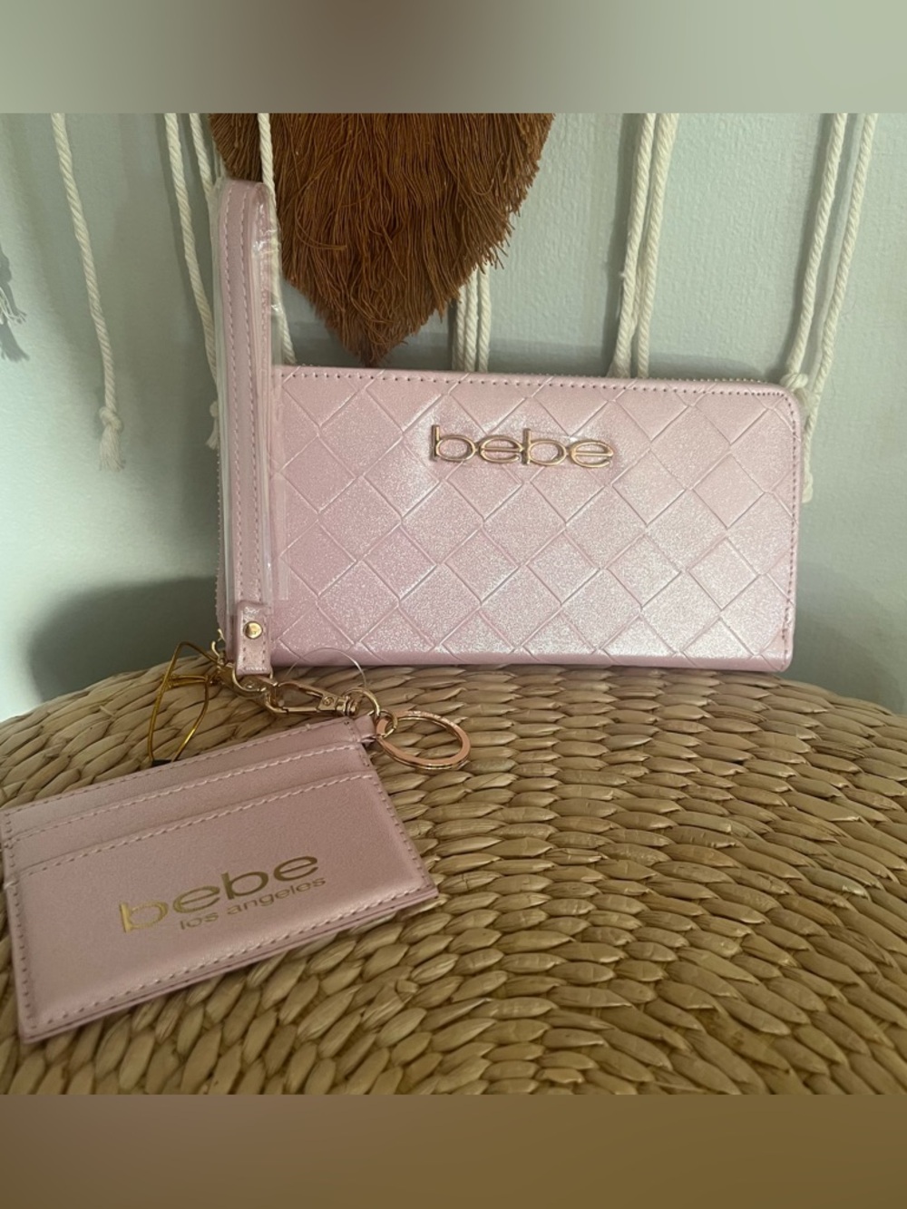 bebe Quilted Light Pink Wristlet Wallet with Cardholder